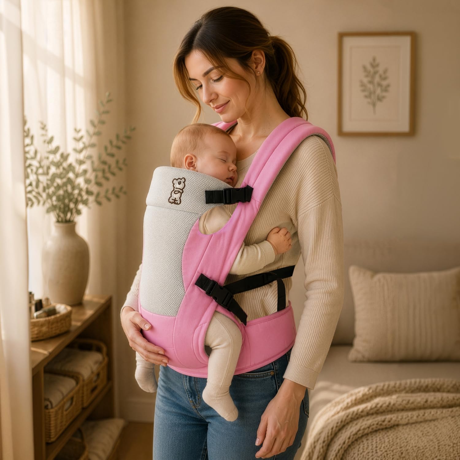 R for Rabbit Cuddle Snuggle New Baby Carriers Cum Kangaroo Bag, Ergonomic, Front/Back Position, Adjustable &Stylish Belt, 3 Carry Position for 6m to 24m Kids, Max Weight up to 15 Kg (Pink Grey)