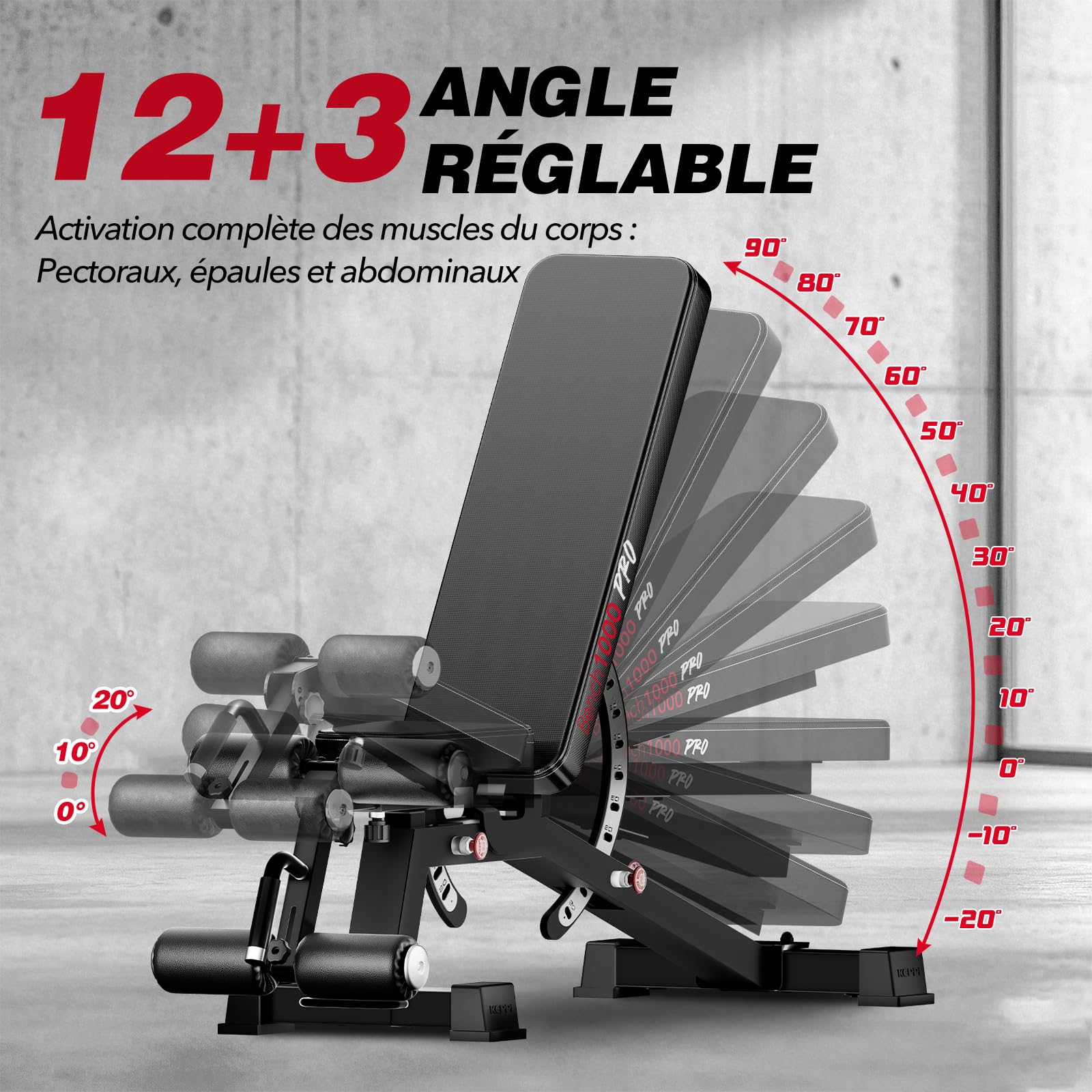 Keppi Banc de Musculation, avec 600 kg Capacité, Banc de Musculation Multifonction pour Entraînement à Domicile, Banc d'Abdominaux, Développé Couché & Fitness Corporel - Bench1000 Pro