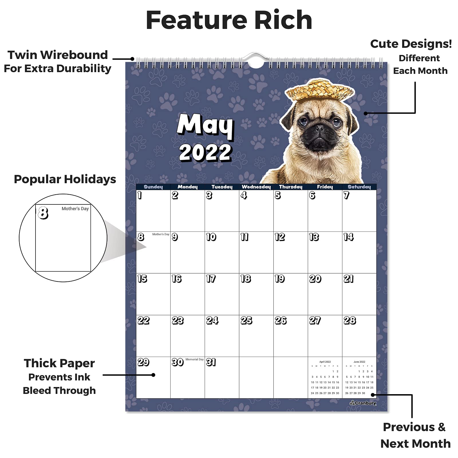 CRANBURY Kids Calendar 2022 (Cute Dogs, 7.5x10") Small Wall Calendar