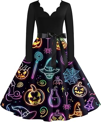 OIOLOYJM Sexy Plus Size Halloween Costumes Woman 2025 Long Sleeve V Neck Printed Gothic Retro Formal Party Dresses for Women