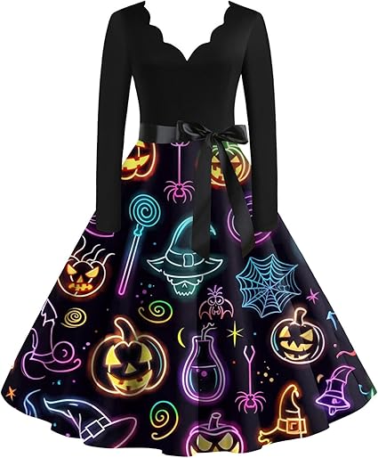 OIOLOYJM Sexy Plus Size Halloween Costumes Woman 2025 Long Sleeve V Neck Printed Gothic Retro Formal Party Dresses for Women