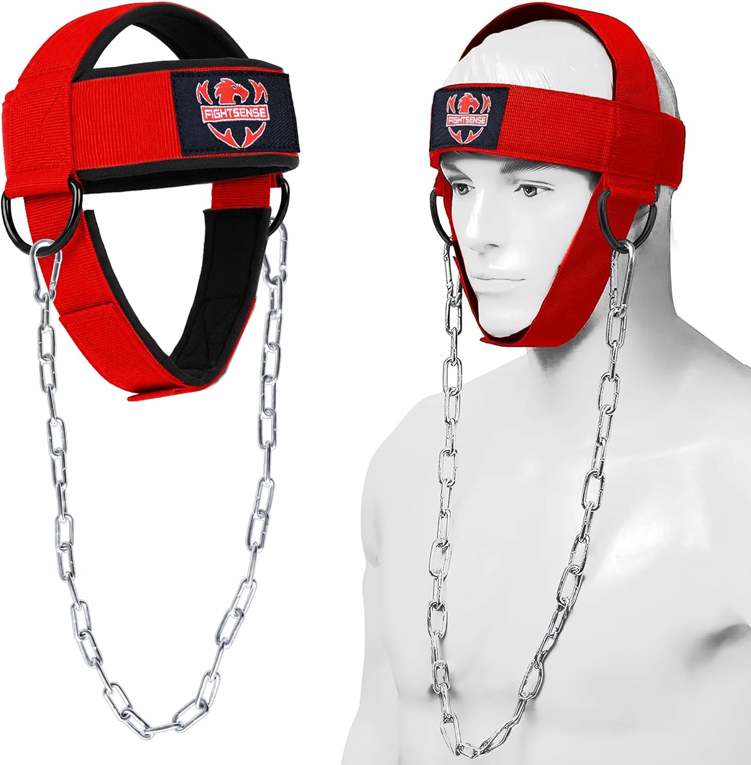 Fightsense Neck Harness Adjustable Padded Strap with Steel Chain, Weight Lifting Head Harness for Neck Exercise in Home & Gym