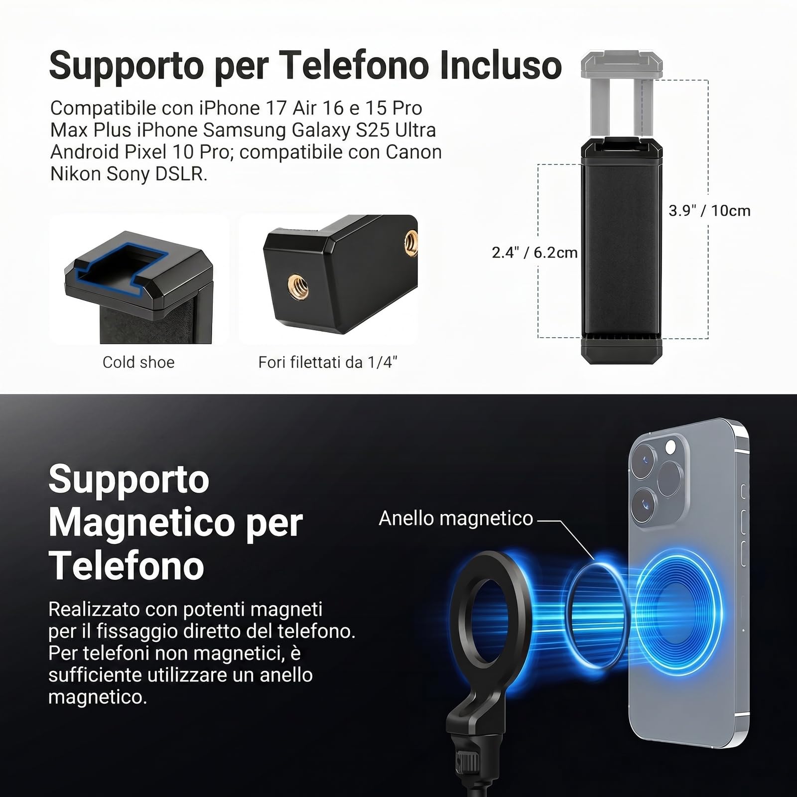 NEEWER BASICS UA062 - Braccio magico da 67 cm, con morsetto da scrivania e supporto magnetico per telefono compatibile con MagSafe iPhone Samsung Video Recording, DSLR Action Camera Webcam, carico