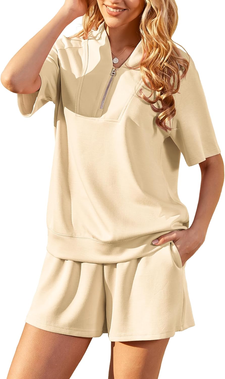 Kikibell Women 2 Piece Outfits Summer Matching Set Sweatsuit Lounge Wear Tracksuit V Neck Half Zip Tops Sweat Shorts Sets