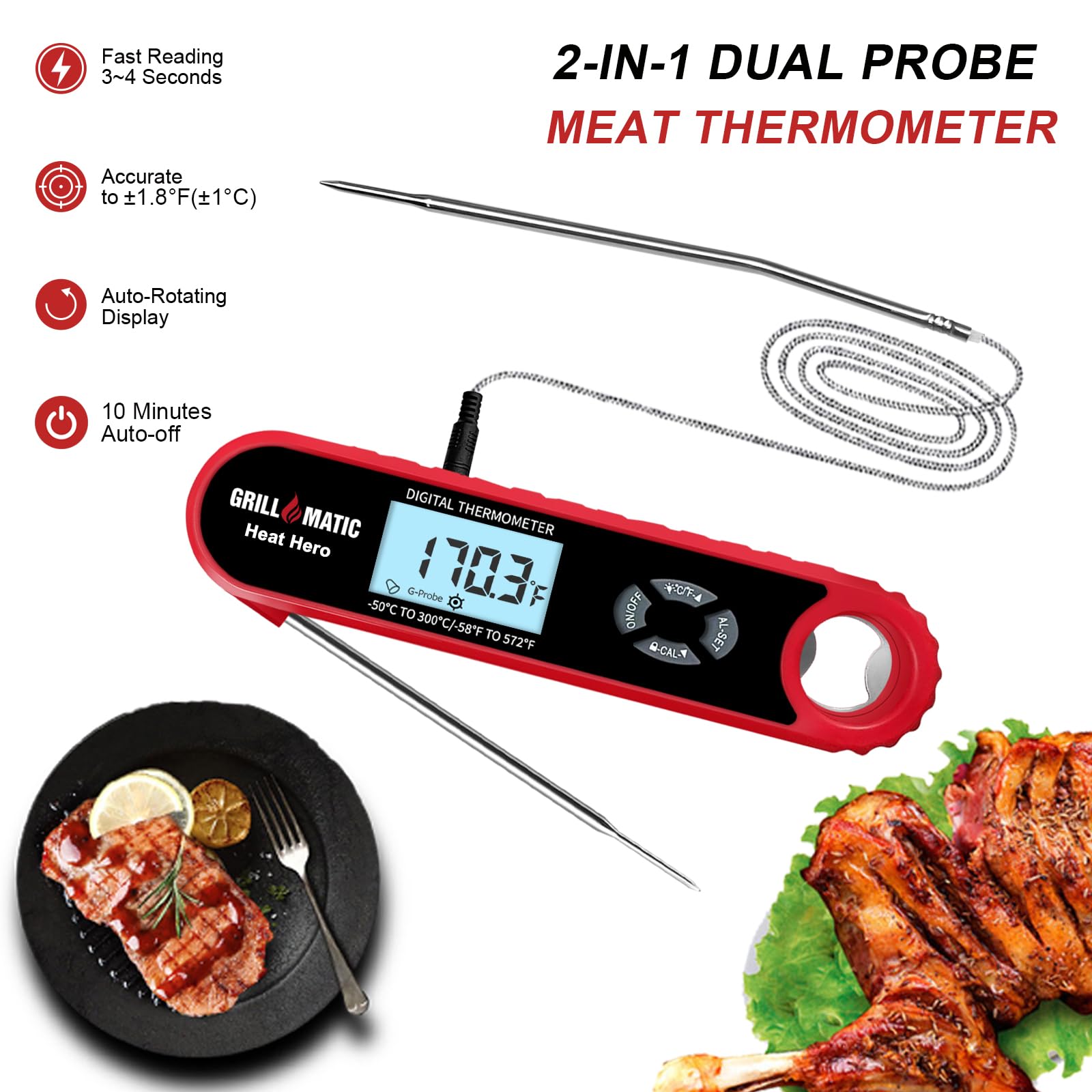 Heat Hero - Termómetro digital de lectura instantánea para cocinar y hornear con luz de fondo, función de sujeción e imán para cocina, carne de res, parrilla, barbacoa, dulces y pavo