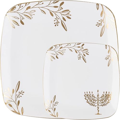 Miniatura 2 de Juego combinado de platos de ensalada de 7 pulgadas y platos cuadrados de plástico de 10 pulgadas platos de cena de Hanukkah resistentes con diseño