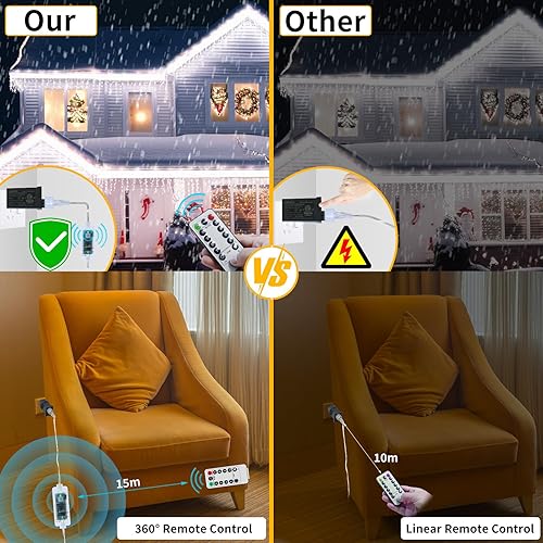 Miniatura 3 de 600 luces LED de carámbano de Navidad enchufables, 49 pies + 16 pies de cadena de luces colgantes con control remoto, 8 modos de luces parpadeantes