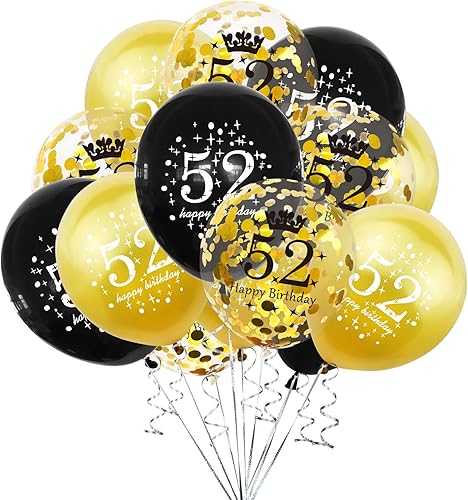 SHUNTAI Globos de cumpleaños número 52, decoraciones de fiesta color dorado y negro, globos de látex con confeti para mujeres y hombres, 52 años,