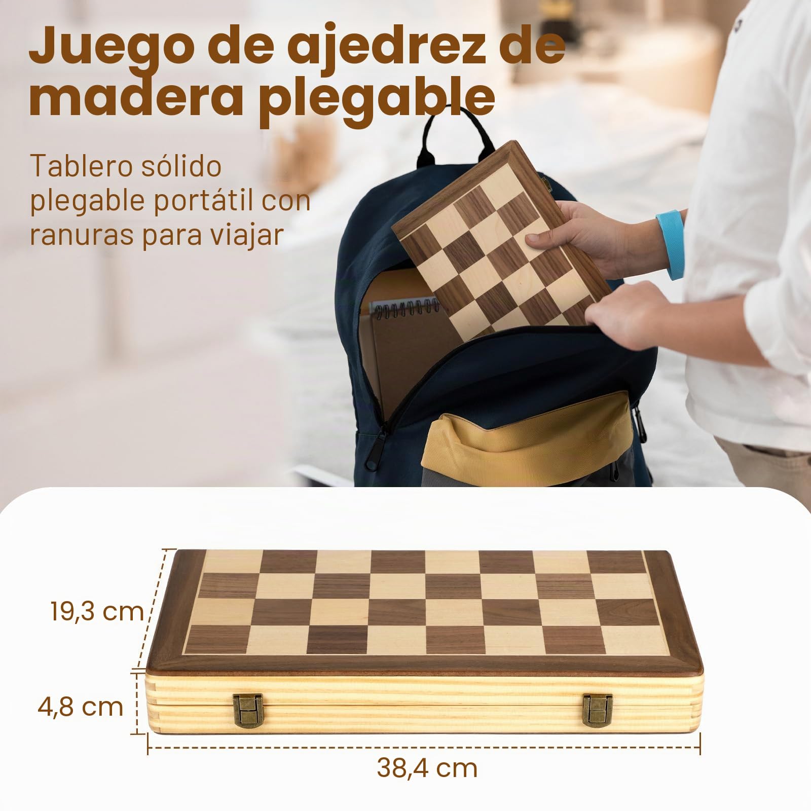 LEAP Juego de ajedrez magnético de madera de 15.5 pulgadas, tablero de ajedrez plegable de 3 pulgadas, piezas de ajedrez de altura King, ranuras de almacenamiento magnéticas superiores para
