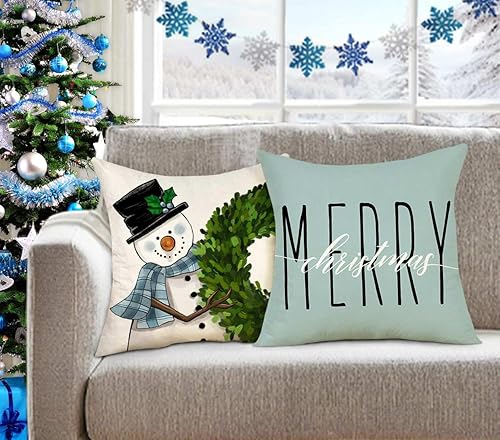 Miniatura 3 de 4TH Emotion Juego de 4 fundas de almohada azules de Navidad de 18 x 18 pulgadas, decoración de Navidad de granja, corona de muñeco de nieve, árbol