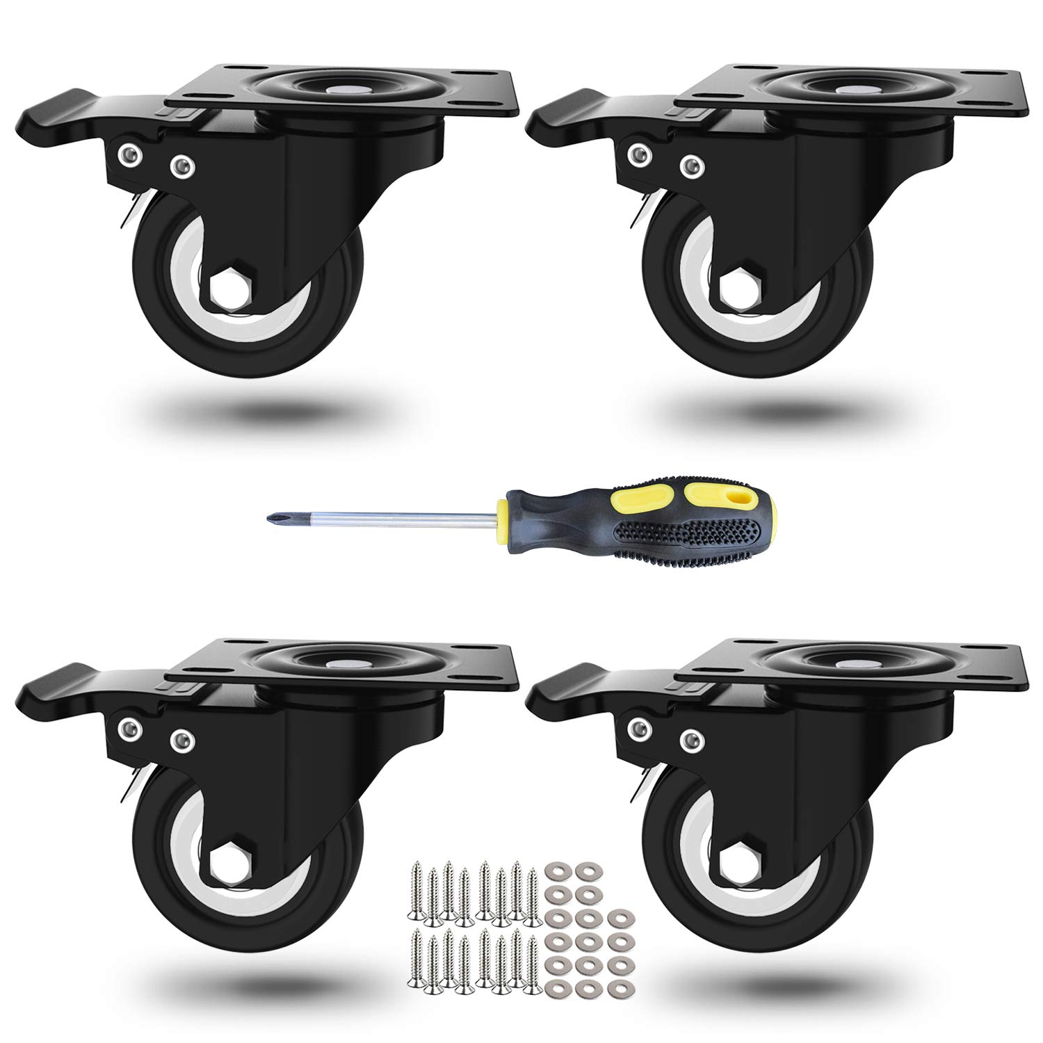 2" Swivel Polyurethane Caster wheels with Dual Locking, 360 Degree Heavy Duty Top Plate 600lb Total Capacity Set of 4