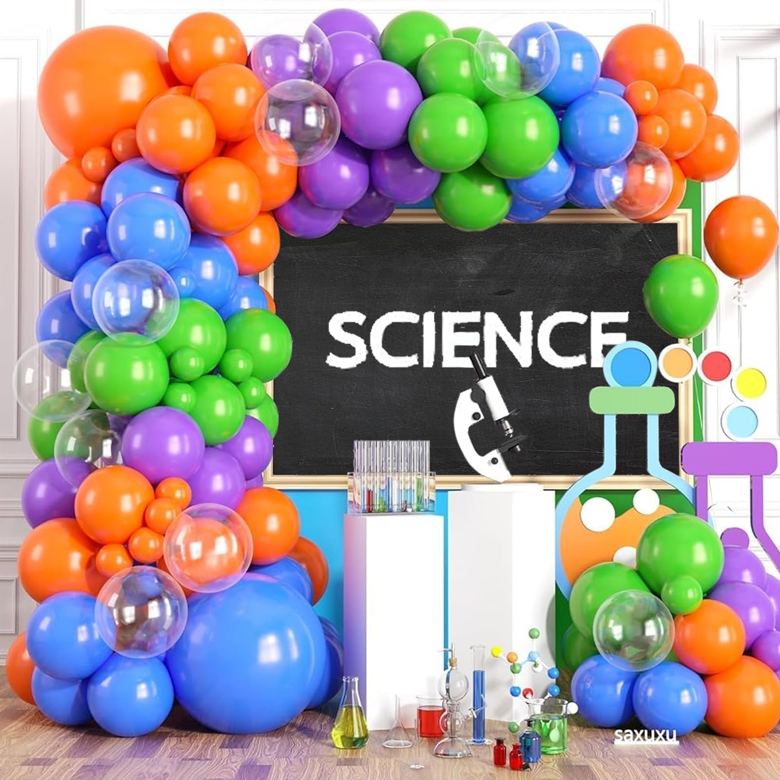 Science Balloon Arch Kit, 122Pcs Purple Dark Blue Green Orange Transparent Colorful Balloons for Boys Science Birthday Party Lab Scientist Lab
