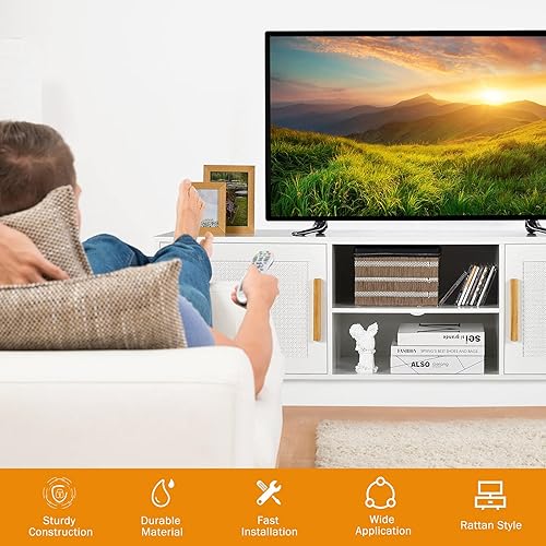 Miniatura 9 de Tangkula Soporte de TV de ratán para televisores de hasta 65 pulgadas, centro de entretenimiento, estante ajustable de 3 niveles, 2 gabinetes