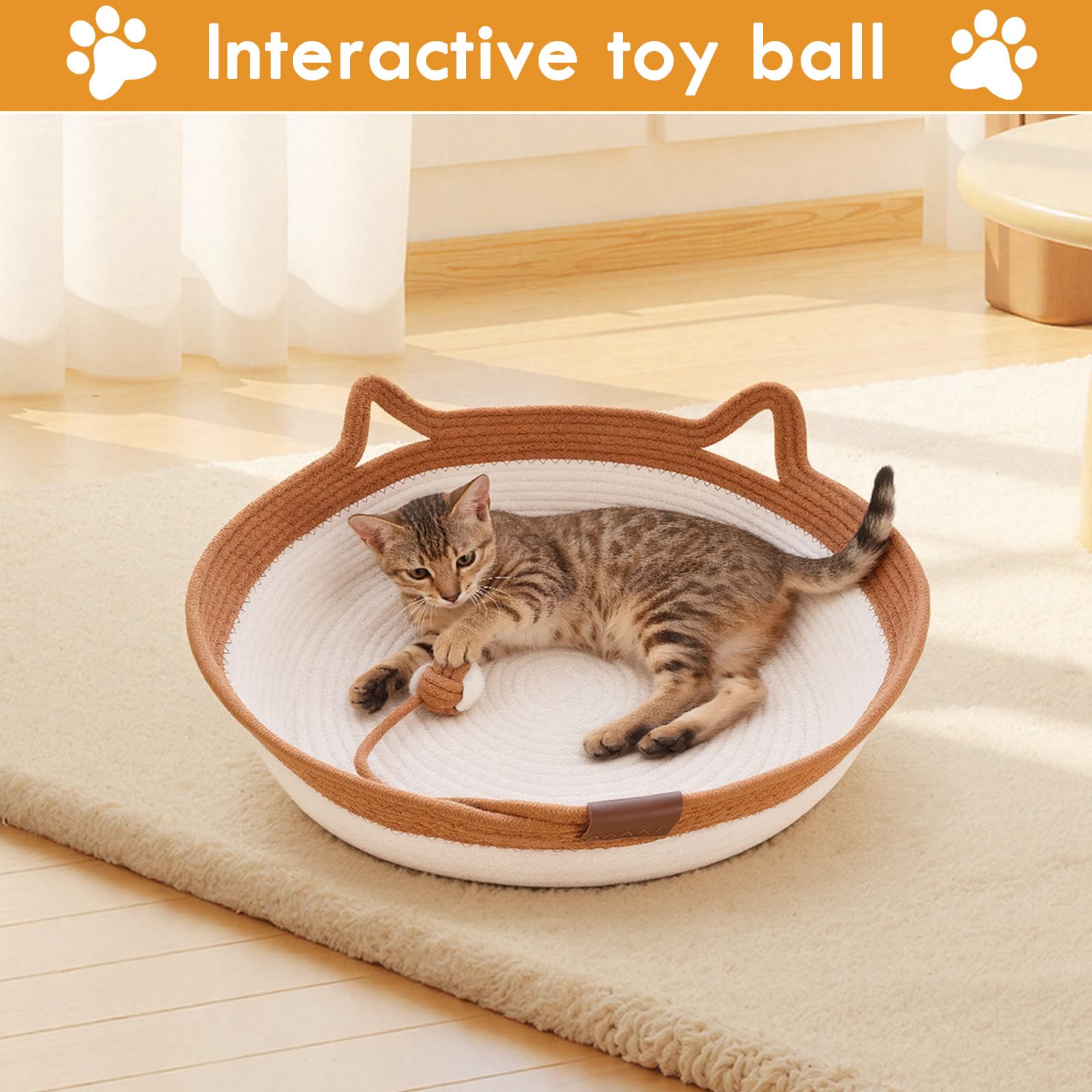 Zocipro Baumwollseil Katzenbett mit Kissen, 46x46x16 cm Groß Katzenbett, Katzenkörbchen Rund Waschbar mit Baumwollseil-Spielball für Alle Katze