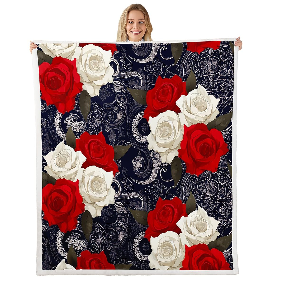 Rose Flower Fleece Blanket Twin 60"x80" For Girls Women,Boho Black Paisley Throw Blanket,Red White Rose Floral Plush Blanket,Bright Vintage Bohemian Petal Flannel Blanket For Bed Sofa Couch — image 1