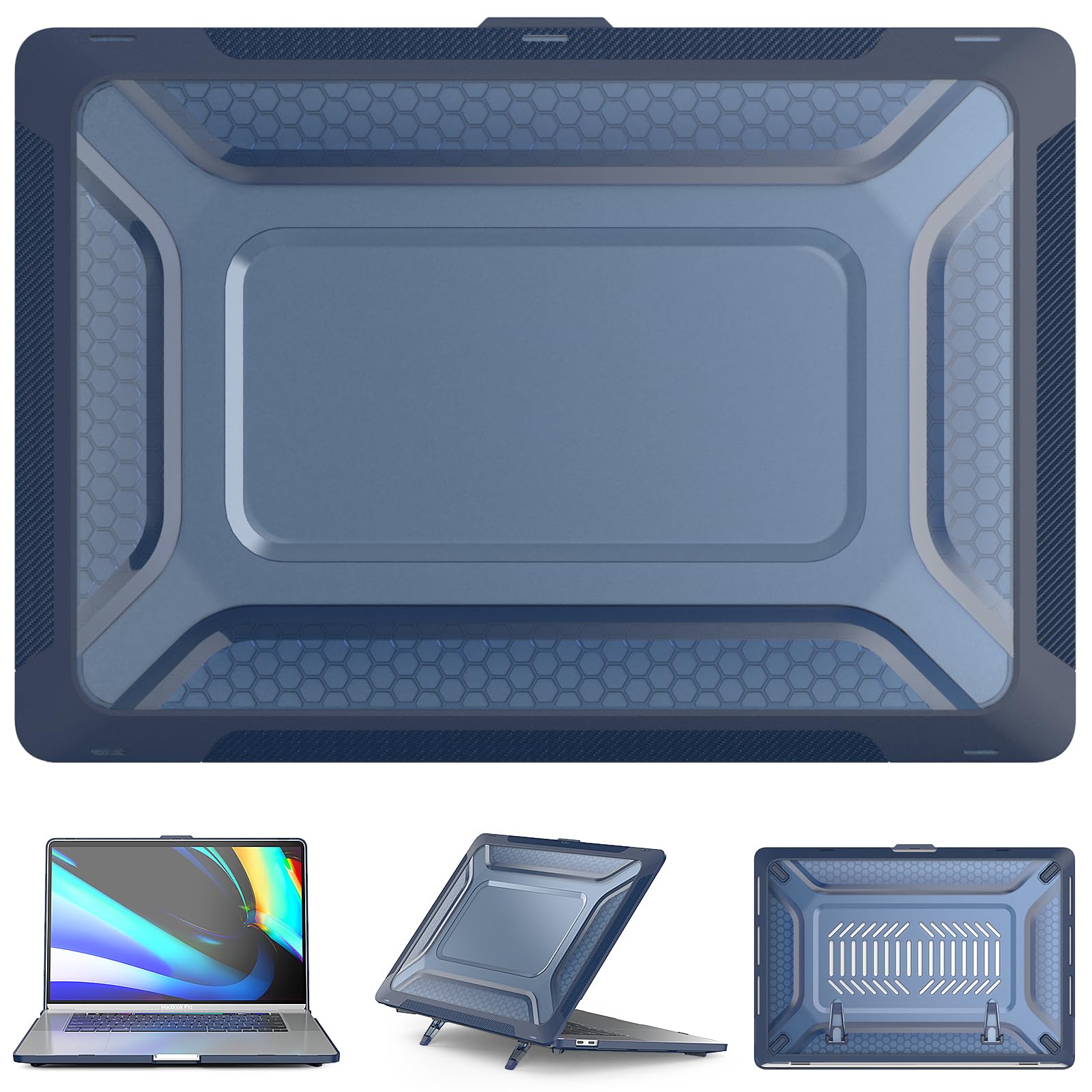 Custodia Hybird compatibile per MacBook Pro 16" 2019, guscio rigido classico in PC a nido d'ape + custodia in TPU con cavalletto pieghevole