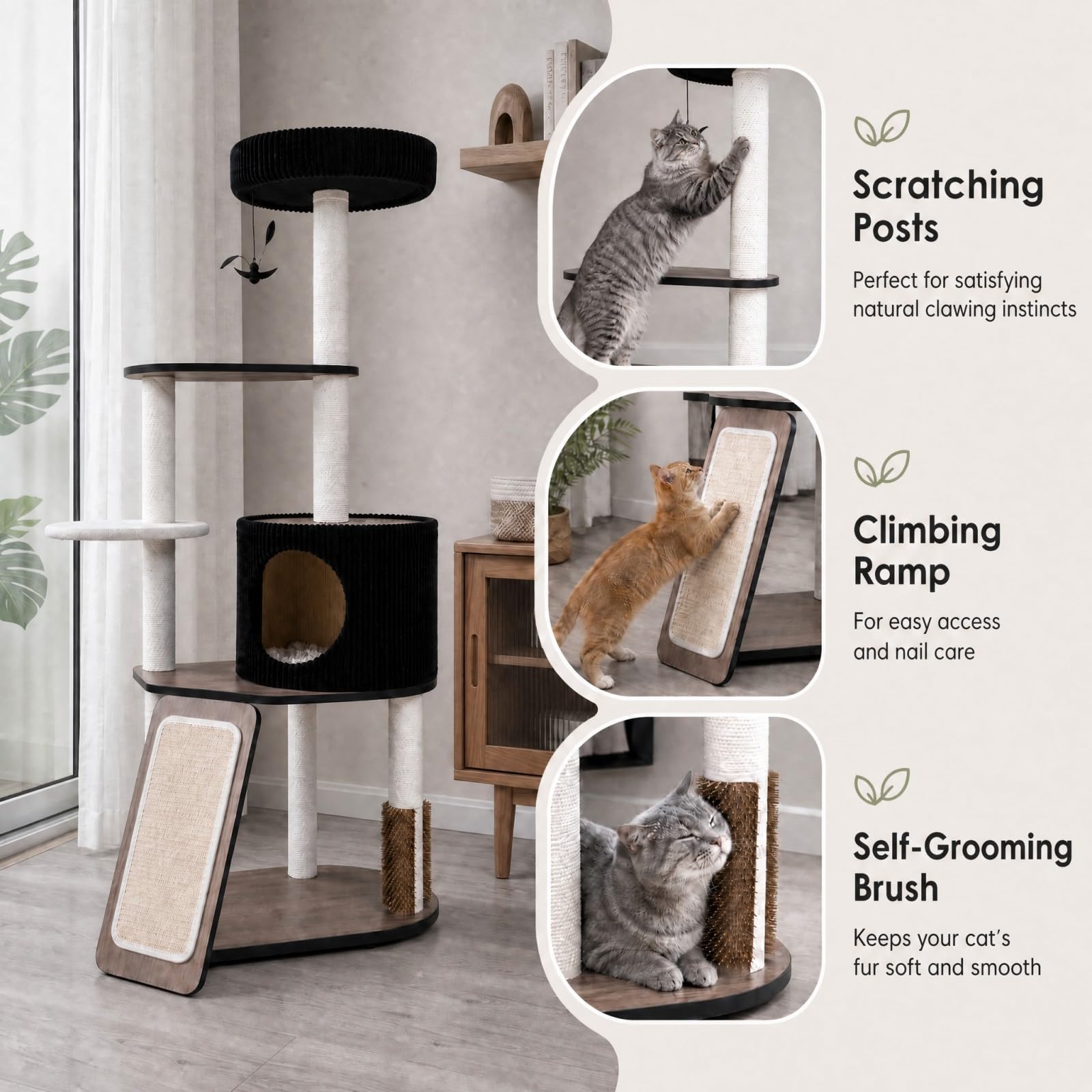 GOPLUS 155 cm Gran Torre de Gatos Multinivel con Postes Rascadores y Rampa | Árbol Rascador para Gatos con Casita, Percha Mullida, Plataformas y Juguete Colgante, Centro de Actividades para Gatitos