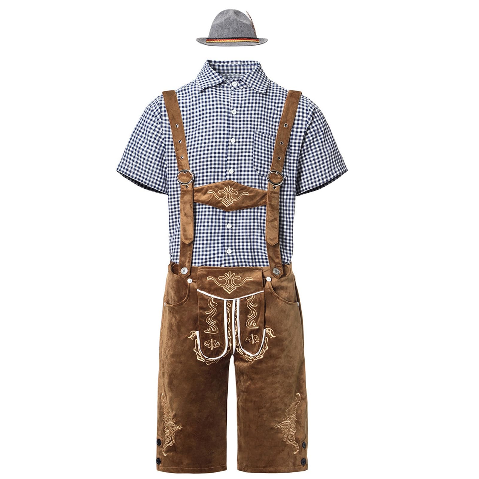 Lederhose Herren Kurz,Lederhosen Tracht Herren Oktoberfest Outfit Mit Abnehmbarem LäTzchenträGer Kariertes Trachtenhemd Und Bayerischen FilzhüTe Dunkelbraun Trachtenlederhosen FüR Bierfest