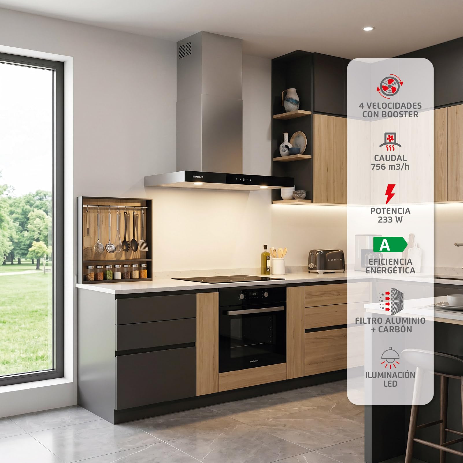 Ozdobny dzwonek poziomy | NANGA975XB | 90 cm | Przepływ 750 m3/h, 230W, 3 prędkości, 3-warstwowy filtr aluminiowy, filtr węglowy | energooszczędny A | czarny