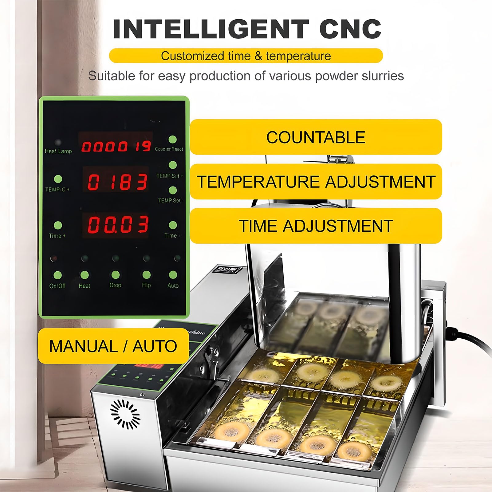 Macchina automatica per ciambelle, friggitrice digitale commerciale da 2000 W con pannello di controllo intelligente, regolazione della temperatura 50~220 ℃, ribaltamento automatico 6 Row