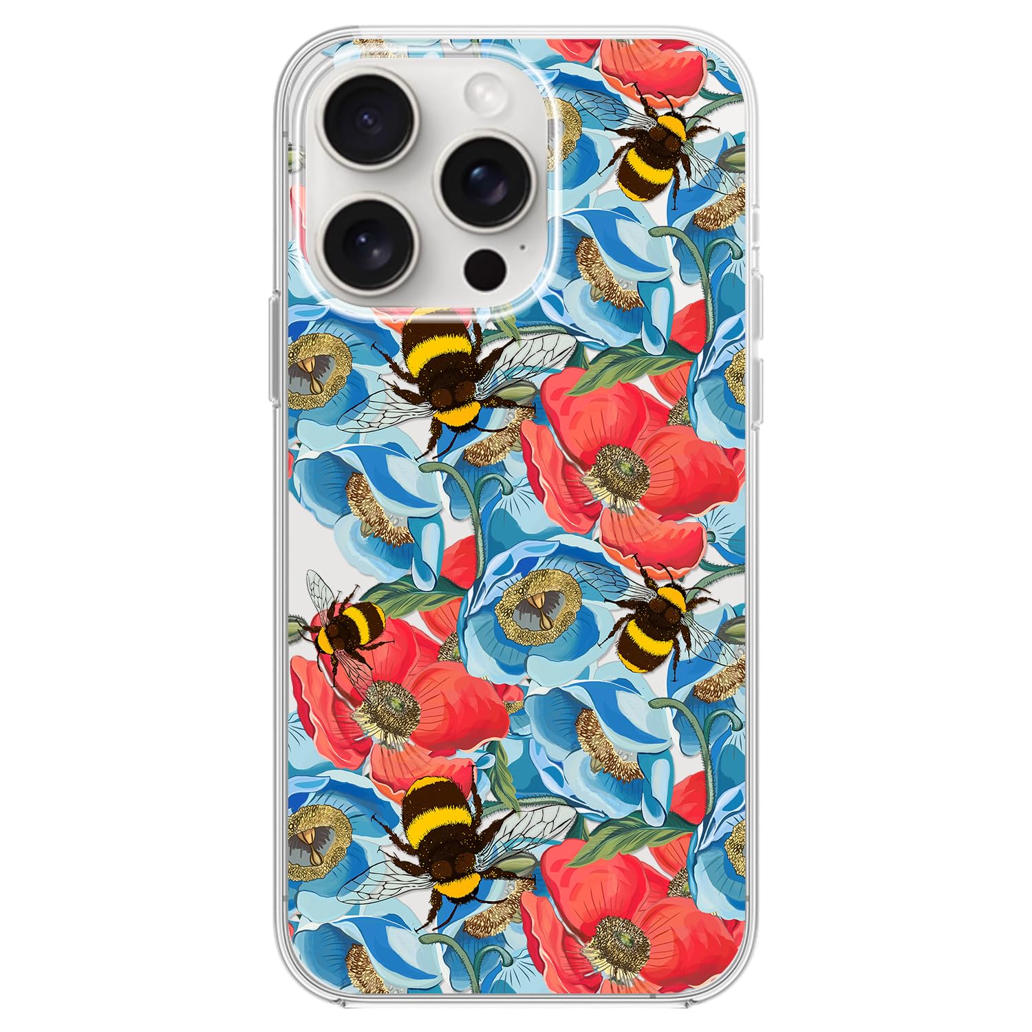 Blingy's for iPhone 15 Pro Case, Cute Floral Bee Pattern Pretty Flower Design Transparent Soft TPU Protective Clear Case 6.1 inch (Bumblebee Flowers)