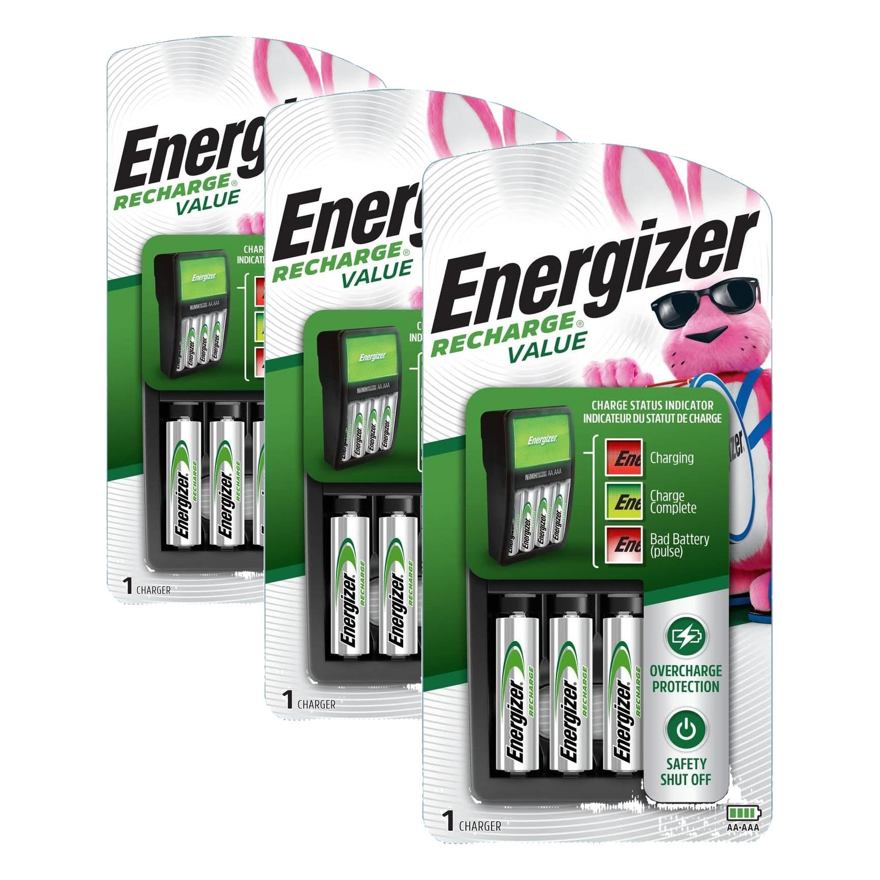 Energizer Recharge Value Charger for NiMH Rechargeable AA and AAA Batteries,(Pack of 3)