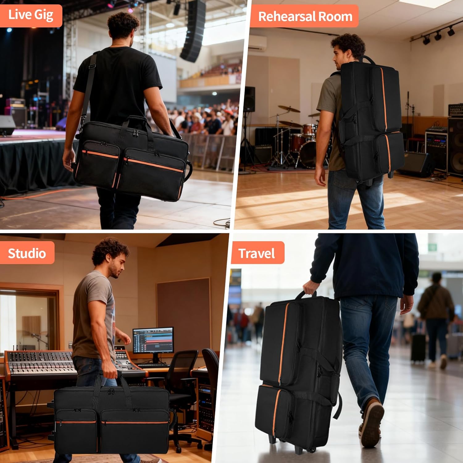 ORKELS Rolling DJ Controller Case for DDJ-400/800/1000/FLX4/FLX2/REV7/REV5/GRV6, 29” Waterproof Travel Bag for DJ Equipment, 900D Oxford Wheeled DJ Backpack with Laptop Compartment