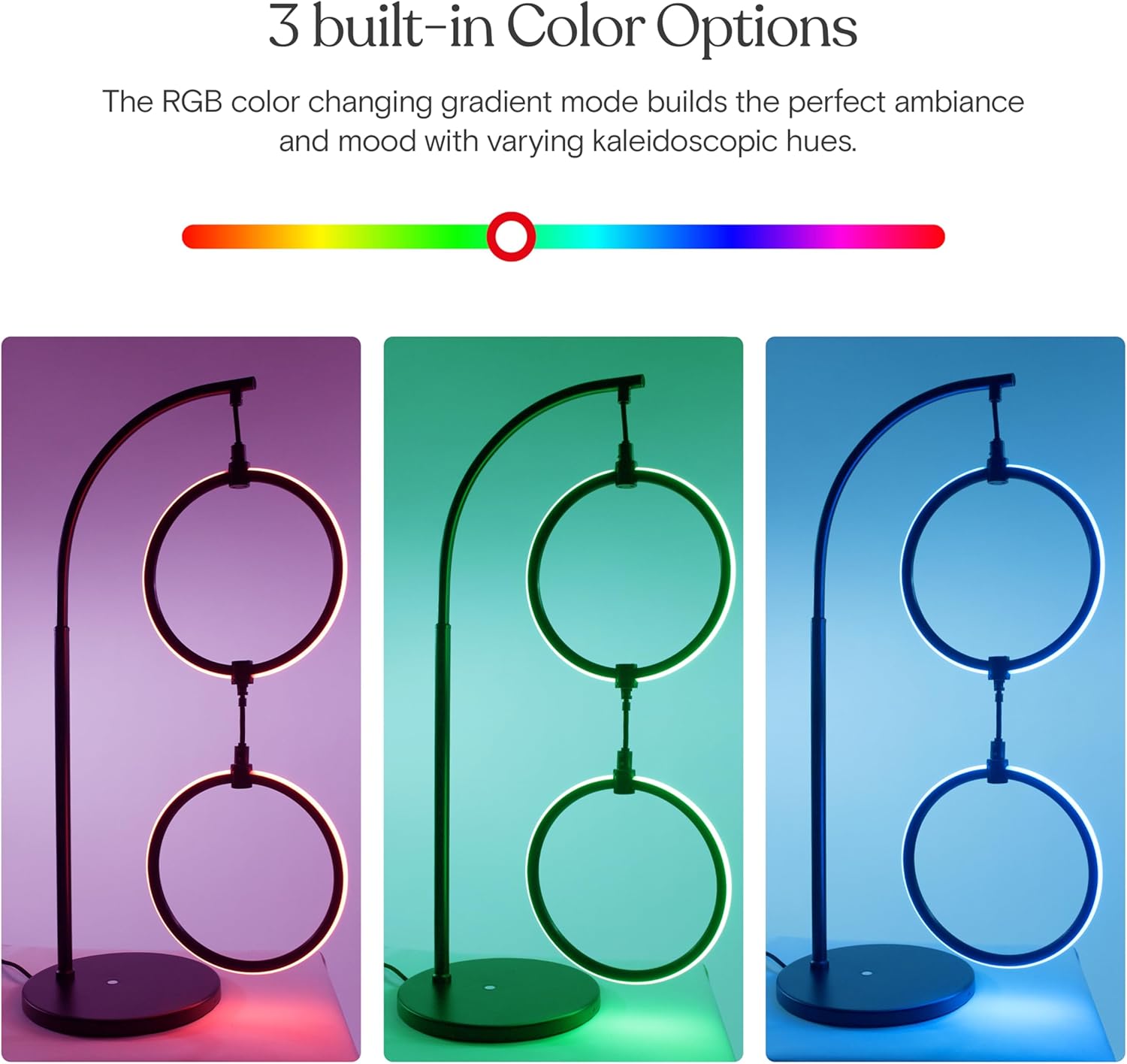 Brightech Nova Modern Color Changing Table Lamp - LED Lamp with RGB Color Gradient, USB-C Type Port - Contemporary 2-Circle Ring-Style Pendant - Corner or End-Table Arching Pole Office Lamp - Black