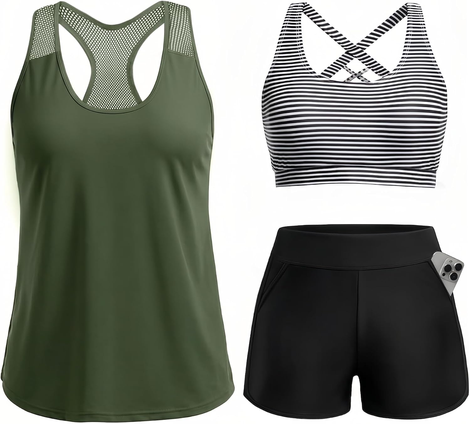 3 Piece Tankini Swimsuit Mesh Tank Top Sports Bra Pocketed Swim Shorts