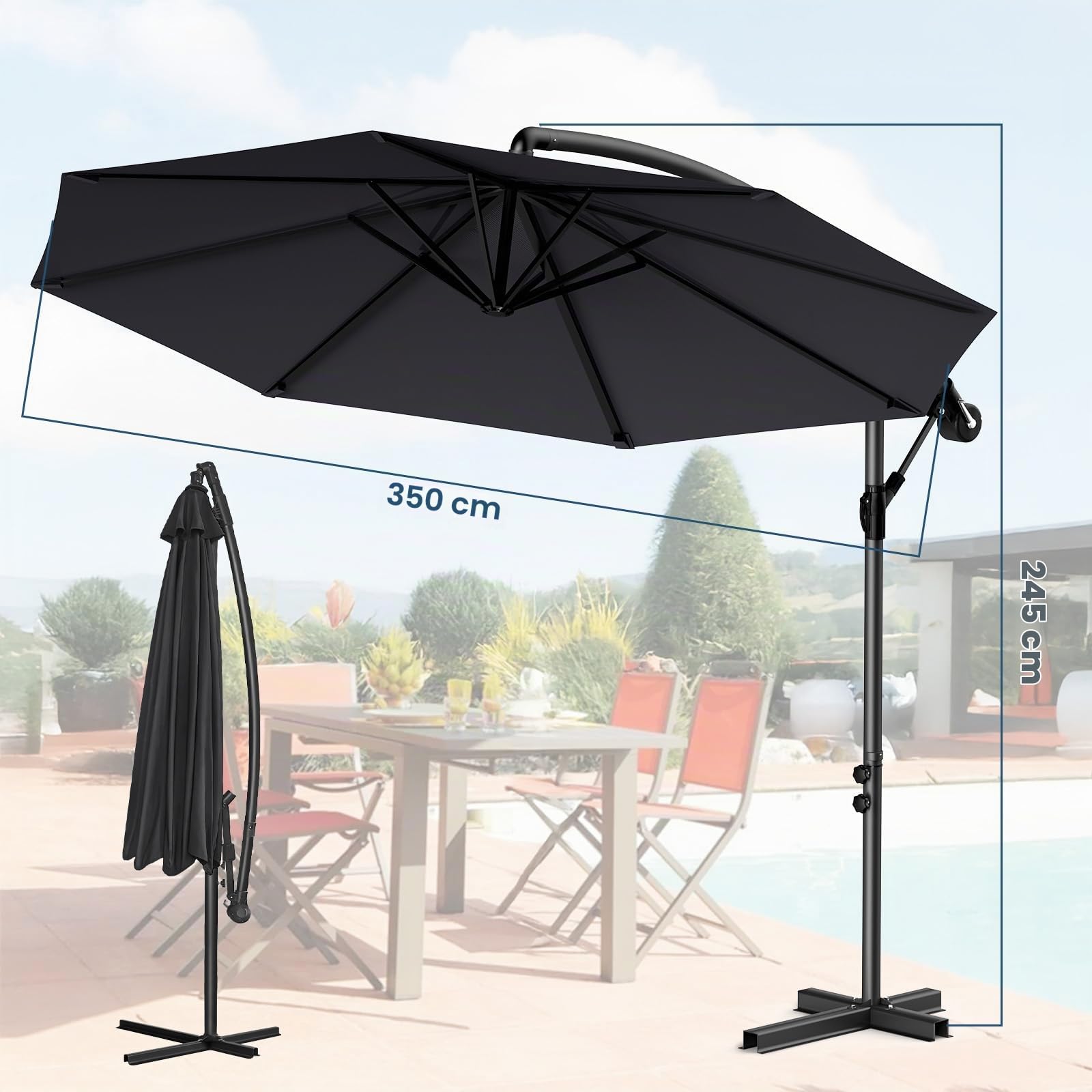 Parasol déporté 300/350cm – Manivelle orientable 360°, UV40+ & imperméable pour jardin/terrasse. Version LED optionnelle, base croix stable, résistant aux intempéries.