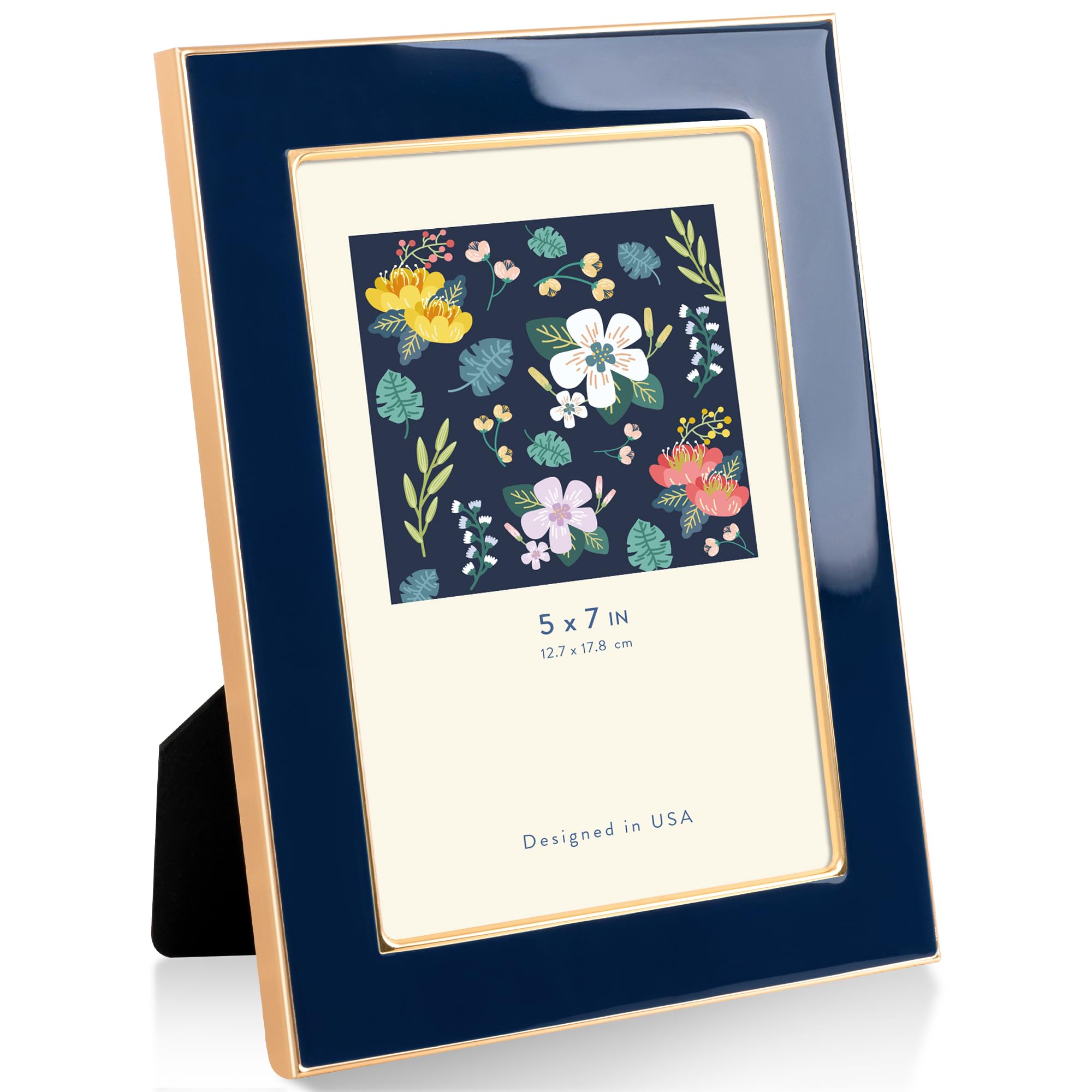 5"x7"(13x18cm) Enamel Picture Frame with Gold Metal Edge, HD Tempered Glass Photo Frame with Velvet Back & Easel Stand for Wall or Tabletop Display Family Office Photo Gallery, Navy Blue