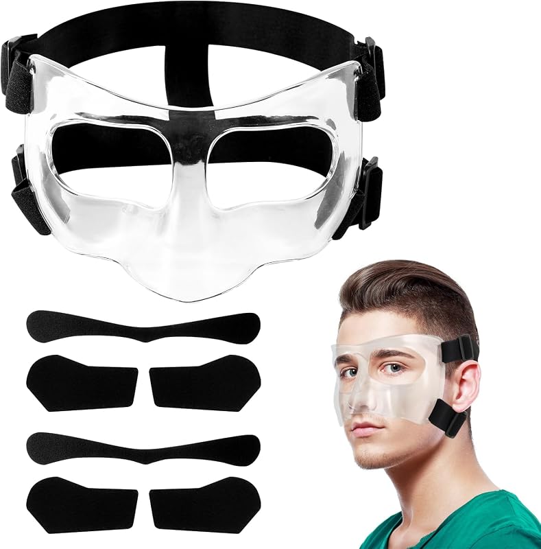Maschera per Naso Rotto, Regolabile Visiera Traspirante Trasparente Allenamento Sportivo Maschera per il Viso Protezione per il Naso con Imbottitura per Adulti Adolescenti Basket Calcio