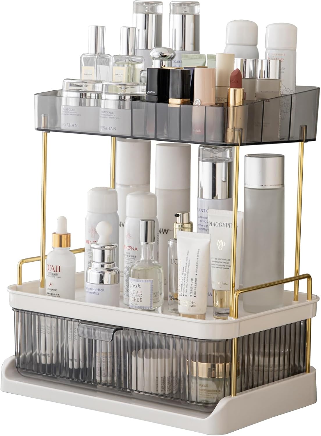 YCIA & DONE Bathroom Counter Organizer, Multi Makeup, Skincare, Perfume, Cosmetic, Vanity Countertop Organizer - Large Capacity, 2 Tier with Drawer - Easy to Install, Clean, Smoky Gray Smoky Gray With 1 Drawer