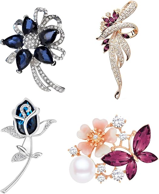 Mecool Brooch Pin Set for Women and Girls Shiny Flower Brooch with Created Crystal for Wedding,Party (4pcs)
