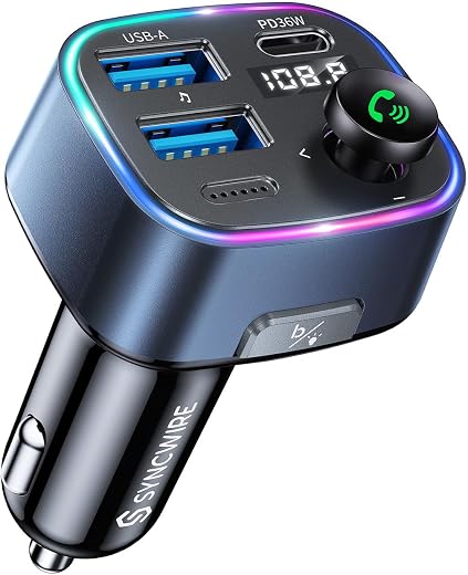 🔥 SYNCWIRE Bluetooth 5.4 FM Transmitter for Car, 48W(PD 36W & 12W) USB Charger Car Adapter Wireless Radio Receiver, LED Display, Hands-Free Calls, Support 64GB USB Drive, Blue