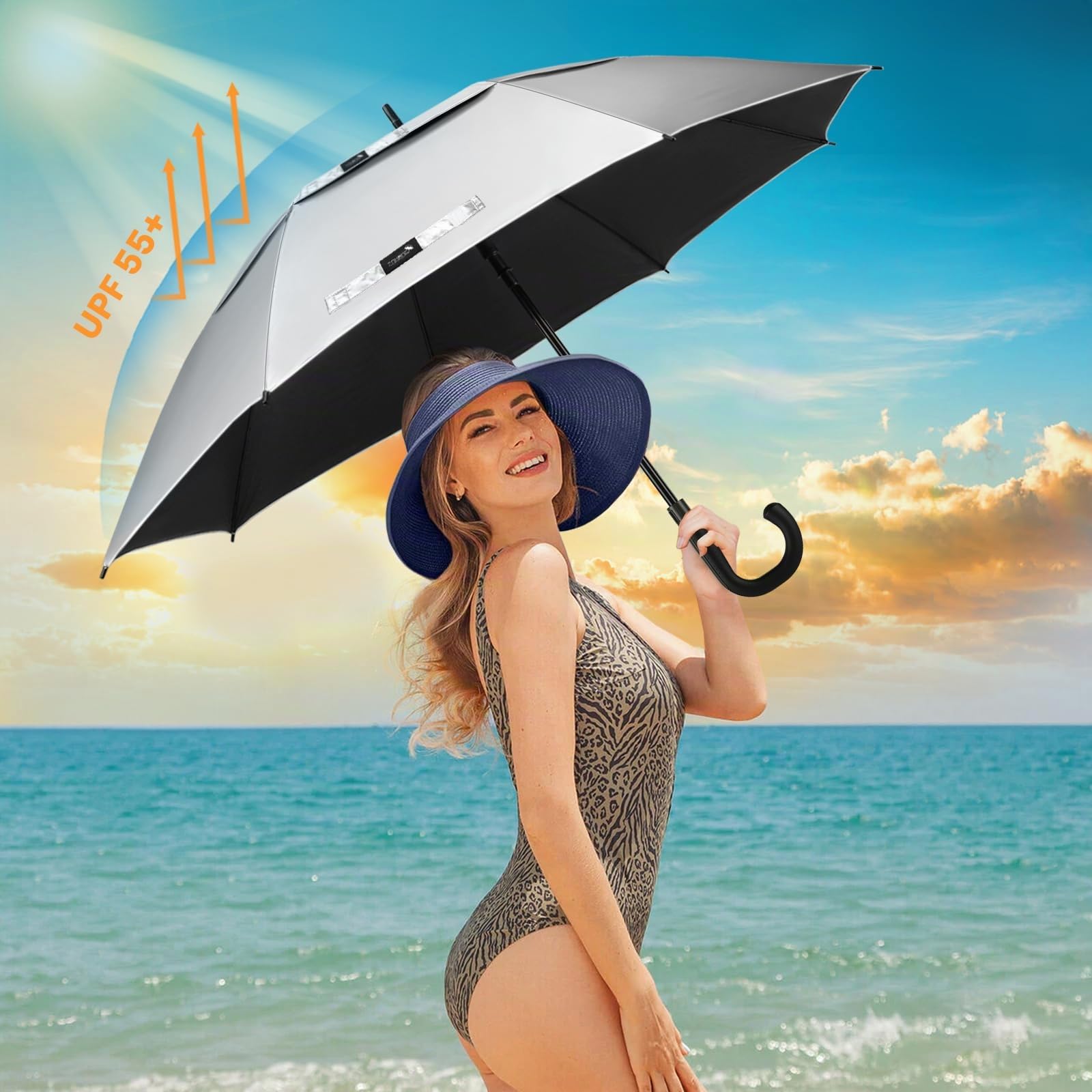 ZOMAKE Grand parapluie de golf anti-vent auto-ouvert avec poignée en J pour femmes enceintes, personnes âgées et enfants Argenté et noir 54 pouces