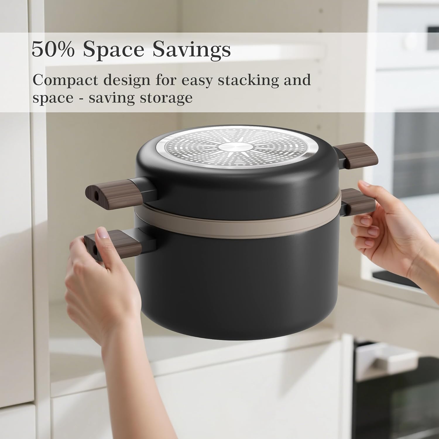 VONIKI Ceramic Cookware Set, Nonstick Stock Pots With Stainless Steel Steamer for Cooking Pot Set, Soup Pot With Lid, Multipots with Steamer Basket for Pot, Pasta Strainer Insert, Pots and Pans Black