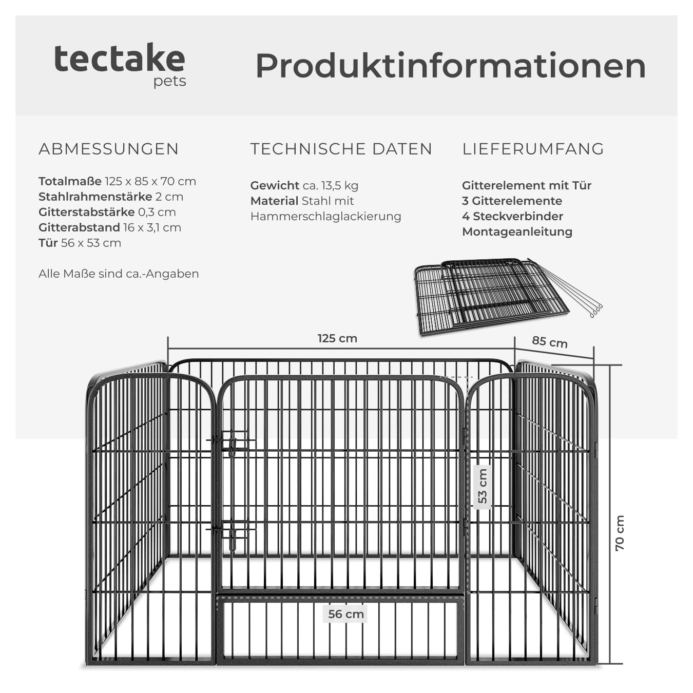 tectake Welpenauslauf 70 cm hoch, 4 Gitter, Welpenlaufstall, Freigehege, Tierlaufstall faltbar, Freilaufgehege, Hundelaufstall mit Tür, für Hunde, Katzen, Hasen, Meerschweinchen, Kleintiere - schwarz