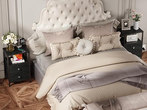 Miniatura 8 de Furologee Juego de 2 mesitas de noche, mesas auxiliares con estación de carga y luces LED, mesitas de noche negras con 2 cajones de tela, juego de 2