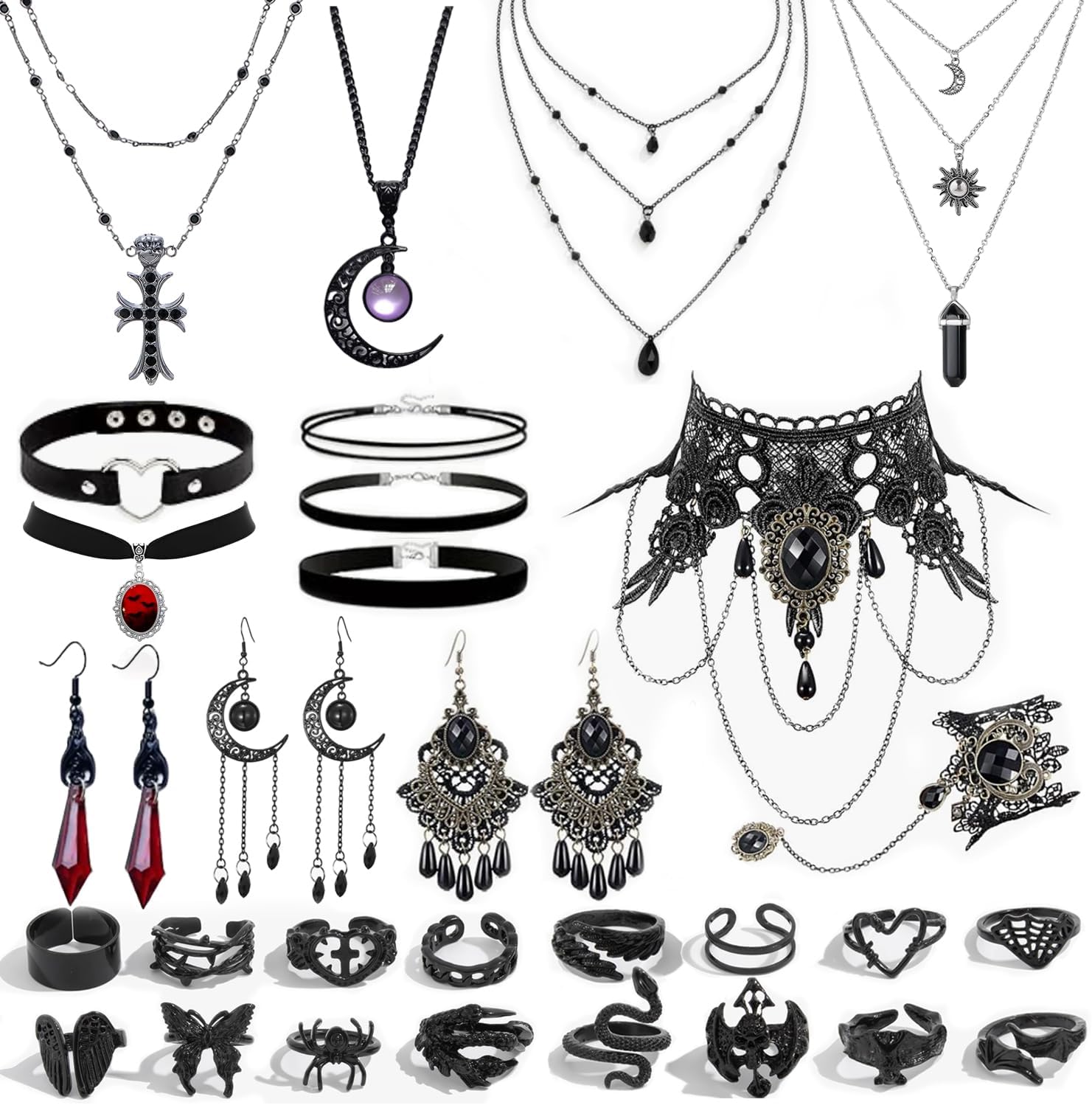 37Pcs Grunge Gothic Jewelry Set - Vintage Punk Necklaces, Y2K Heart Chokers, Cross And Moon Pendants, Stackable Knuckle Rings And Gothic Earrings, Adjustable Boho Accessories for Women Men