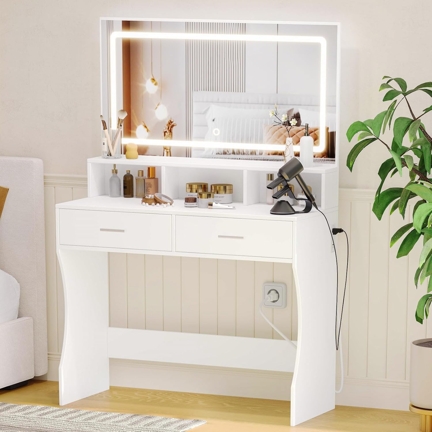 Espejo Cuadrado De Maquillaje Con Cajón De Madera | Tocador Organizador | Moderno Y Compacto