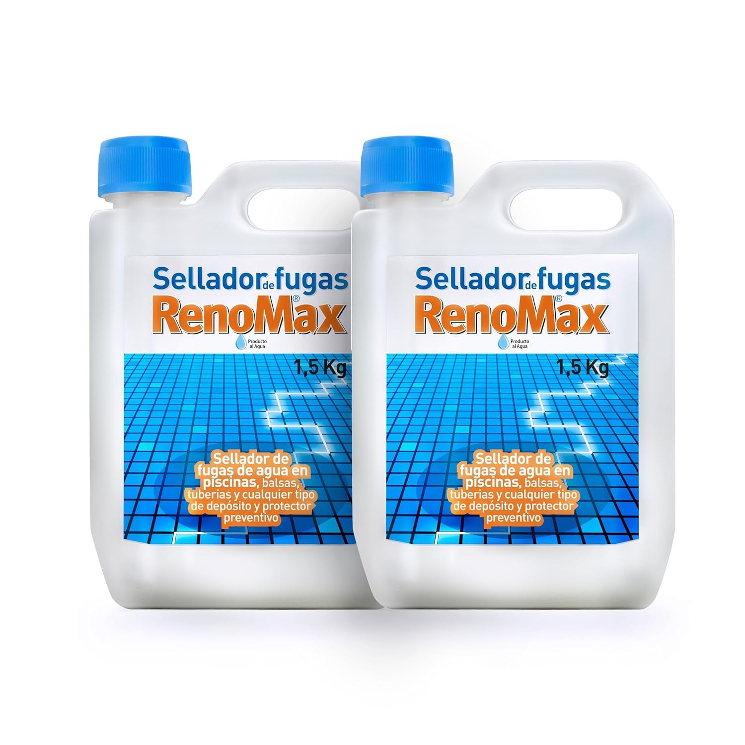 Renomax - Sellador Fugas Piscina Pack 2 x 1,5kg | Sellador Fugas Agua, Balsas y Tuberías | Impermeabilizante Transparente, Reparación Rápida y Duradera | Fácil de Aplicar, Seguro y Eficaz