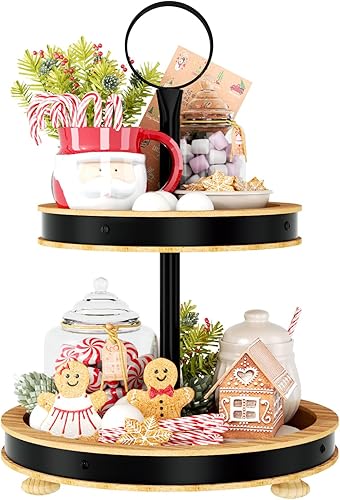 Miniatura 9 de Urban Deco Bandeja de madera escalonada de 3 niveles bandeja decorativa de granja soporte redondo de madera para magdalenas con mango de metal