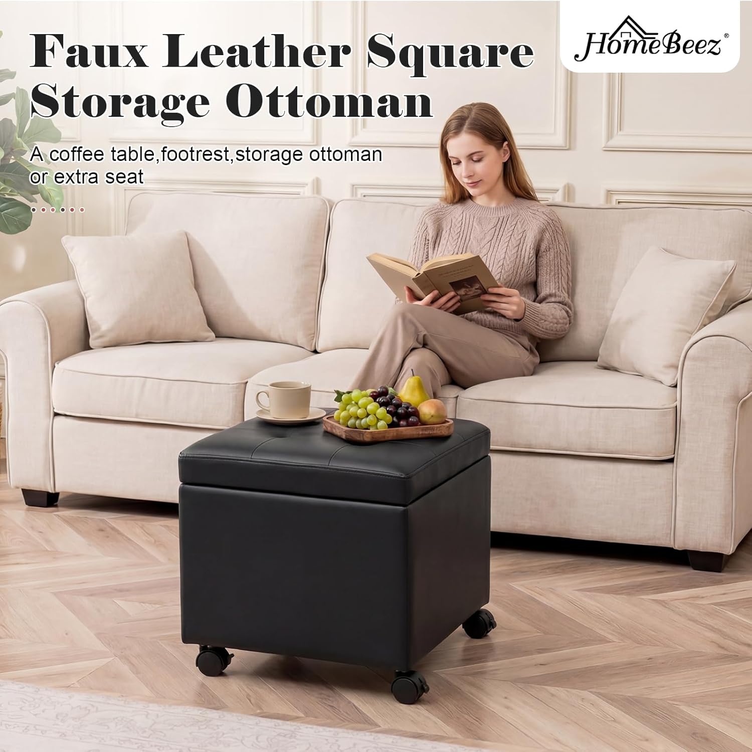 Homebeez Leather Storage Ottoman with Steerable Rolling Wheels, 17.9" Square Small Foot Rest Stool Tufted Cube Footstool with Hinged Lid, Load 300 lb, for Living Room, Bedroom, Entryway, Black