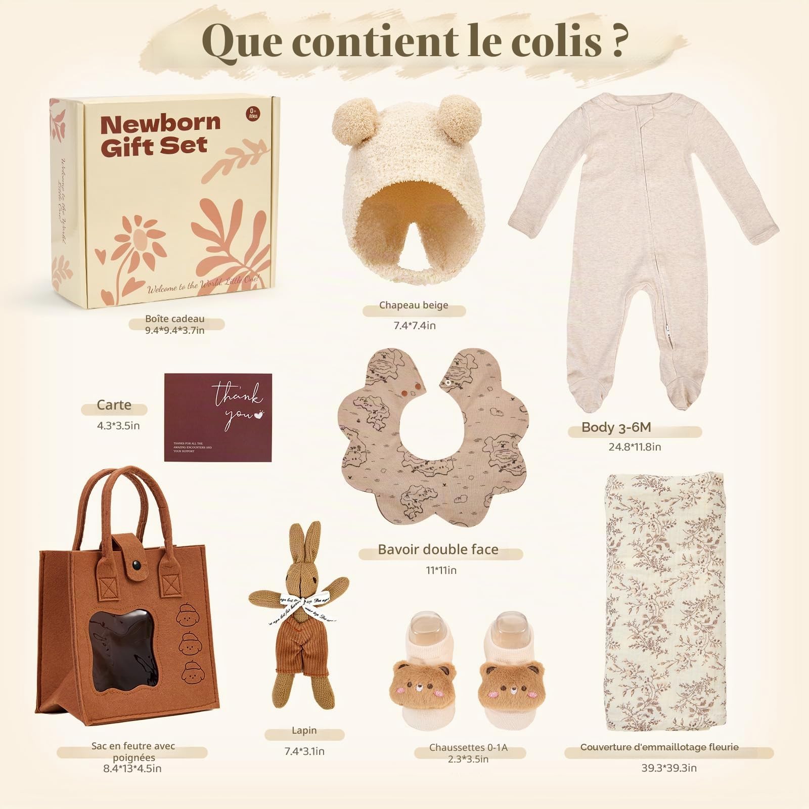 TUZT Coffret Cadeaux de Naissance Garcon Fille Cadeau ave Barboteuse Couverture Doudou Bavoir Chaussettes Bonnet Cartes Sac à Main en Feutrine, Cadeau pour Baby Shower Bebe Nouveau Né Coffret