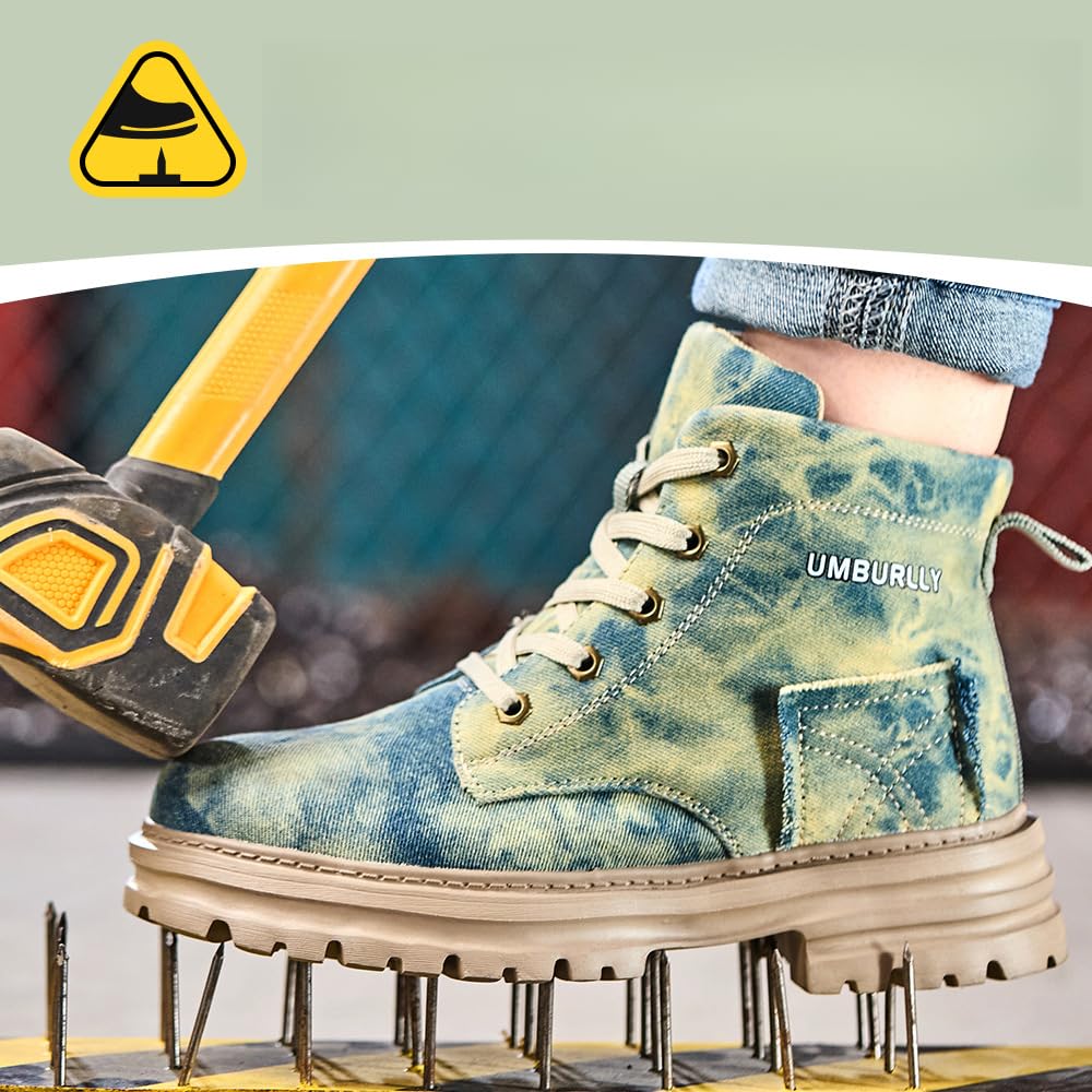 Steel Toe Boots for Women Comfortable -Wide Width Fit, Boots Canvas Anti-Smashing & Puncture-Resistant, Slip-Resistant Non-Skid for Construction & Warehouse | Comfy Work Sneakers (Blue,9)