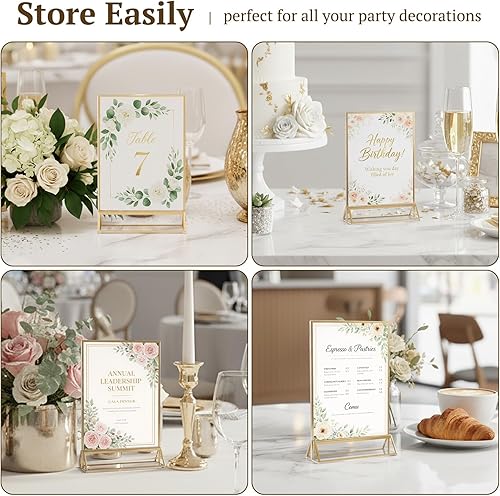 Miniatura 5 de EHWINE Paquete de 12 Portaletreros de Acrílico de 4 x 6 pulgadas, Marco de Fotos Dorado de Doble Cara con Soporte de Mesa, Portaletreros