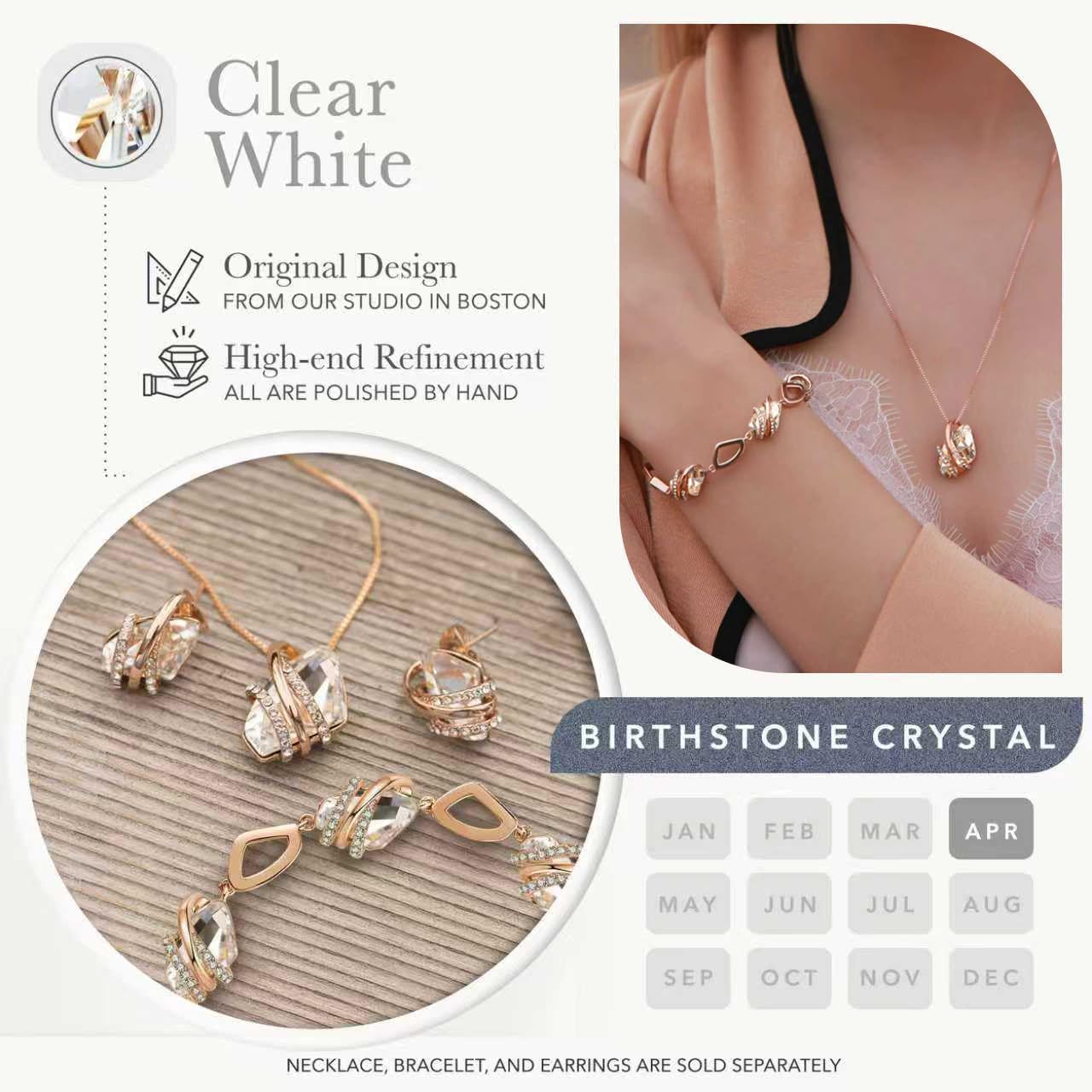 Leafael Mothers Day Gifts Wish Stone Link Charm Bracelet with Birthstone Crystal, 18K Rose Gold Plated and Silvertone, 7"+2"