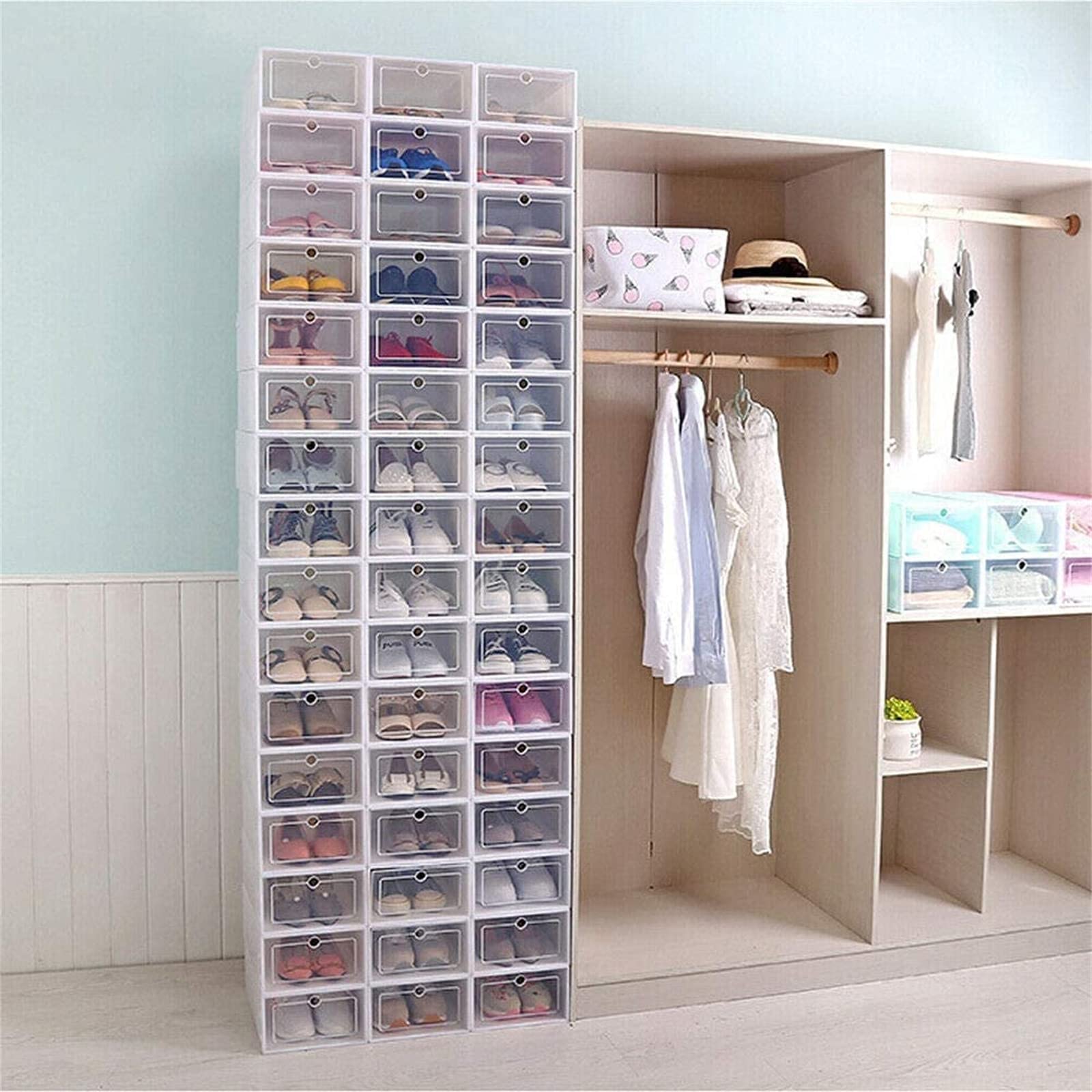 Caja de almacenaje de zapatos de plástico transparente con tapa, caja de zapatos de plástico a prueba de polvo y apilable