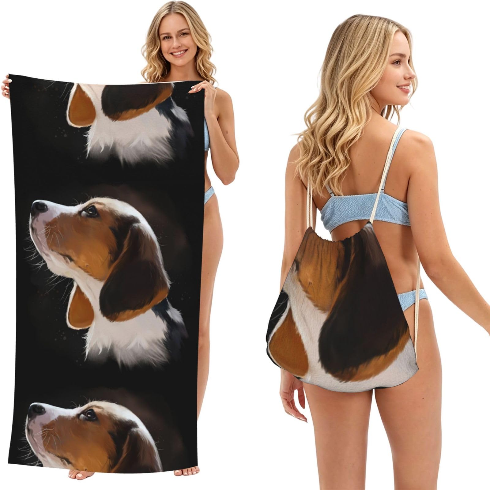 Poadnly As Picture Beagle Puppy Dog Welcome Garden, 2 In 1 Packable Towel Bag, Beach Towels With Drawstring Backpack For Travel Holiday Camping